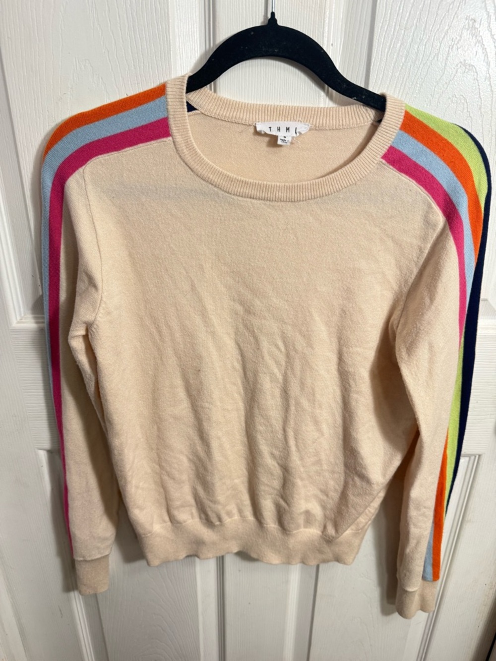THML Cream Crewneck Sweater with Multicolor Shoulder Stripes